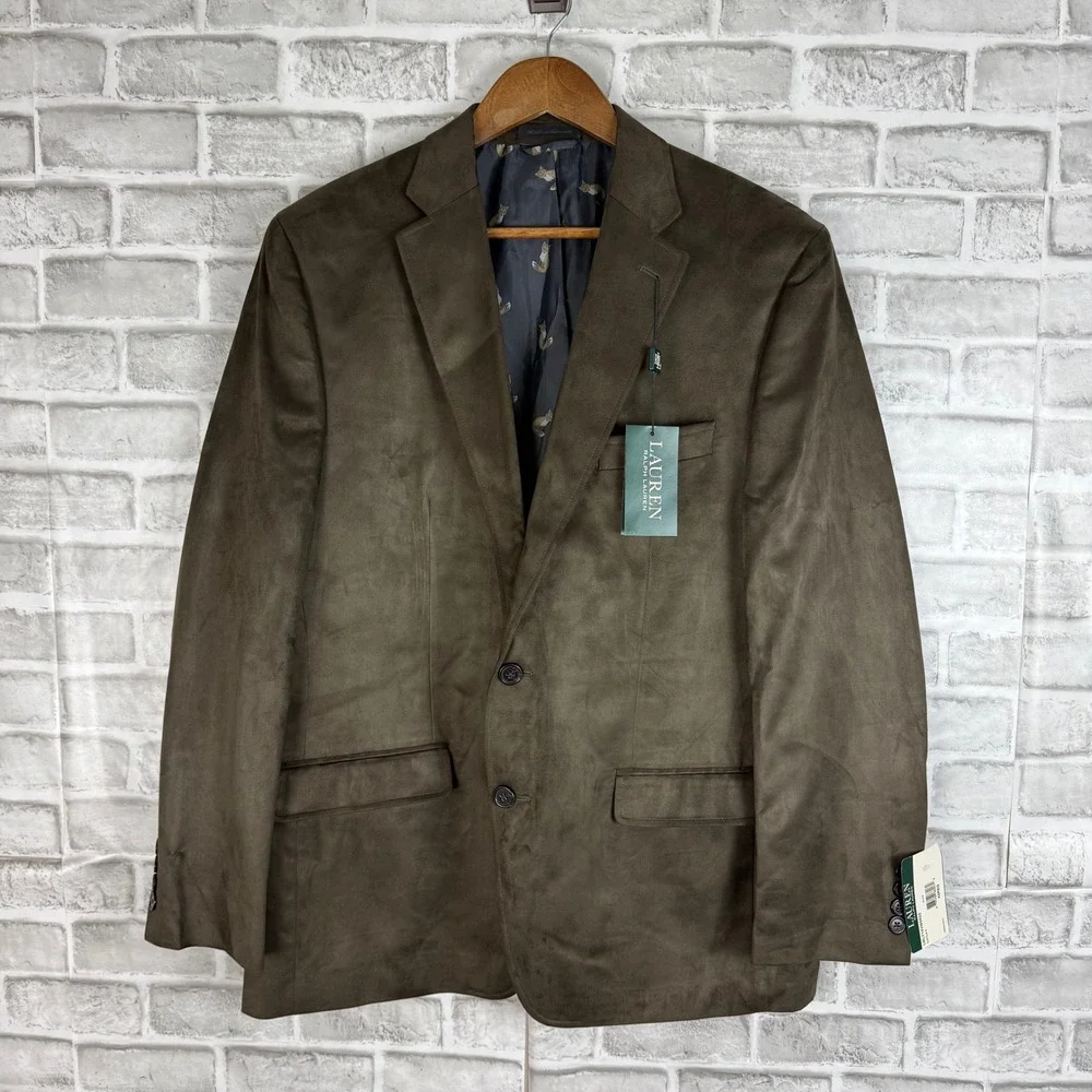 Lauren Ralph Lauren Mens Linley Faux Suede Blazer Olive Brown Fox Lining 42R NEW